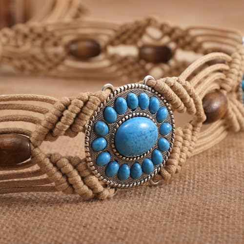 WHIPPY Boho Turquoise Belt for Women Wax Rope Braided Waist Belt Western Hand-Woven Bead Tassel Belts for Dress, 2” Wide - color: Khaki