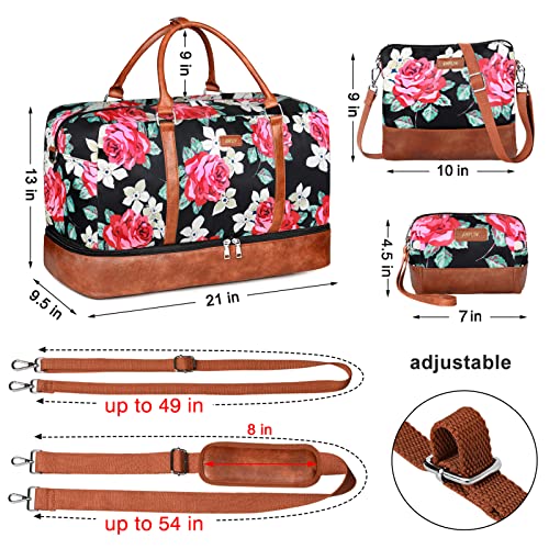 IBFUN Weekender Bags for Women, 21" Weekender Travel Bag, Travel Duffle Bag with Shoe Compartment Carry on Overnight Duffel Bag for Weekend Travel Business Trip, 3PCS - color: C1-Flower