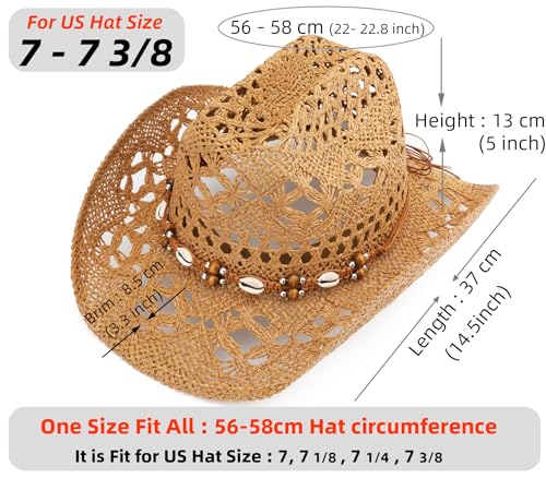 Straw Cowboy Hat, Western Cowgirl Hat, Wide Brim Sun Beach Hat for Men and Women - color: Khaki-m26