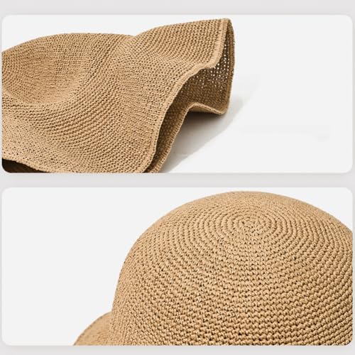 Women Straw Sun Hat Summer Beach Hats Foldable Floppy Cap Wide Brim Bucket Hat Solid Handmade Sun Protection Caps - color: Khaki