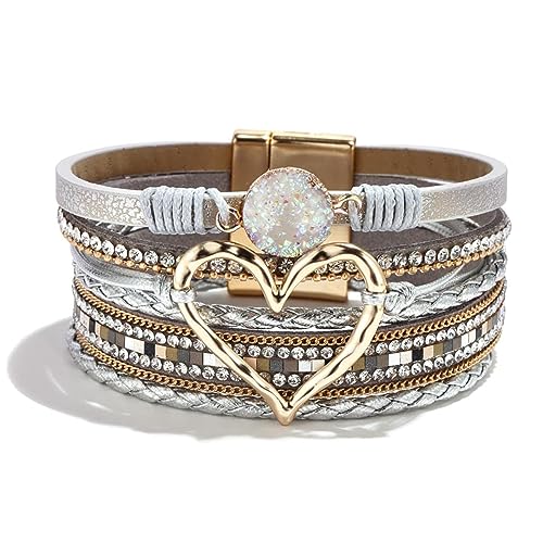 Long tiantian Leather Bracelets for Women Warp Bracelet Stackable Boho Layered Bracelet Chunky Heart Trendy Birthday Gifts for Her - color: A1:Womens Bracelet(Silver)