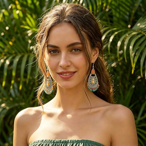4 Pairs Vintage Boho Earrings for Women Green Bohemian Geometric Tassel Leaf Dangle Earrings Jewelry Accessories Gifts for Beach Festival & Everyday Wear - color: Green B