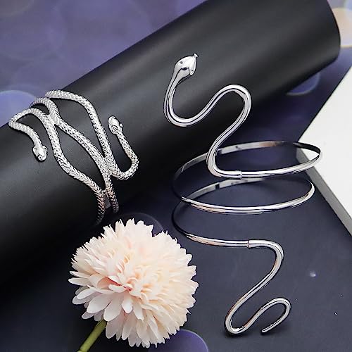 QuneusHot 2 Piece Snake Arm Cuff Cleopatra Serpent Upper Arm Band Spiral Armlet Bracelet Egyptian Costume Jewelry Bangle for Women Men - color: Silver