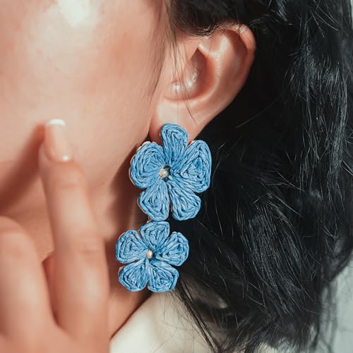 Boho Flower Earrings Statement Raffia Dangle Earrings Cute Floral Jewelry Trendy Summer Beach Vacation Outfits for Women - color: Royal Blue