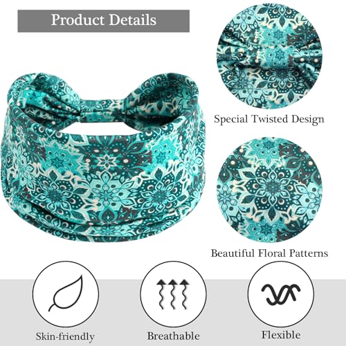 Boho Headbands for Women Vintage Floral Pattern Knotted Hair Bands Elastic Non-Slip Soft Sweat Head Bands African Sports Yoga Turban Headband Hair Accessories (Pack of 4) - color: Color-5