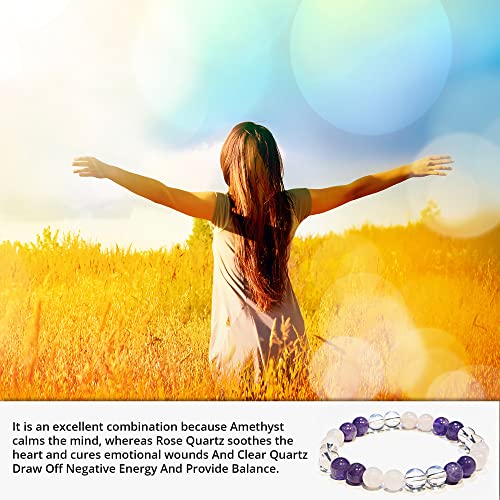 ANAYA AGATE Healing Crystal Bracelet for Women and Men – 8mm Round Beaded Bracelet for Men and Women – Unisex Stretchy Gemstone Bracelet for Healing and Protection - color: Amethyst, Clear Quartz, Rose Quartz