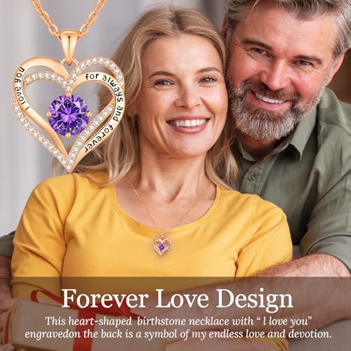 CDE Engraved Forever Love Heart Birthstone Necklace Jewelry Gifts for Women | Hypoallergenic,Nickel-Free & Lead-Free,3 x 3 mm 5A CZ Heart Pendant,Anniversary Christmas Birthday Gift for Girlfriend Wife - color: Birthstone-02-Feb, style: Rose Gold Plated-B