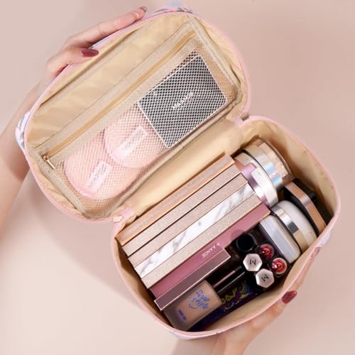 MAANGE Travel Makeup Bag, Cosmetic Bag, Portable Large Capacity Makeup Case, Make Up Organizer For Women, Oxford Cloth Toiletry Bag With Handle (Pink Plants) - color: 1 Piece-Large