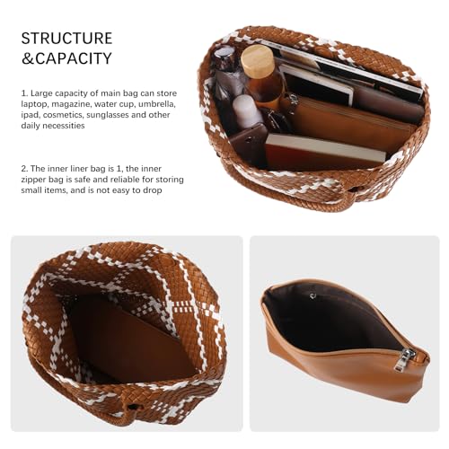Woven Tote Bag Womens Purse Vegan Leather Shoulder Handbags Fashion Summer Beach Tote Bags Large Travel Totes - color: Brown-w