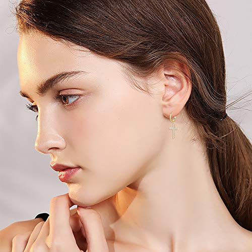 MILACOLATO 925 Sterling Silver Hoop Earrings for Women 18K Gold/Rhodium Plated Drop Dangle Hoop Earrings with Charms Cross Spike Moon Star Paperclip Link Statement Earrings Convertible Link Huggie Earrings Hypoallergenic - color: Gold Tone : Hoop with Dan