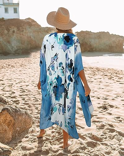Kimonos for Women Casual Swimsuit Coverup Lightweight Boho Kimono Cardigans for Summer - color: Gradient Blue Flower