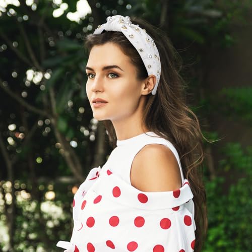 WantGor Pearl Knotted Headband, Women Rhinestone Embellished Hairband Elegant Wide Top Knot Bride Headbands Headpieces Party Fashion Elegant Ladies Hair Band Hair Hoop Accessories (White) - color: White