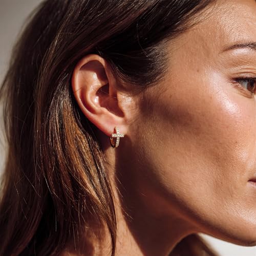 MEVECCO Cross Hoop Earrings 14K Gold Plated Dainty Minimalist Simple Small Faith Cross Huggie Earrings For Women Symbol of Protection Faith Jewelry Gift - style: White-Cross