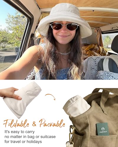 FURTALK Sun Hats for Women Wide Brim Ponytail Beach Sun Protection Hat with Fold-Up Brim Bucket Hat - color: Beige