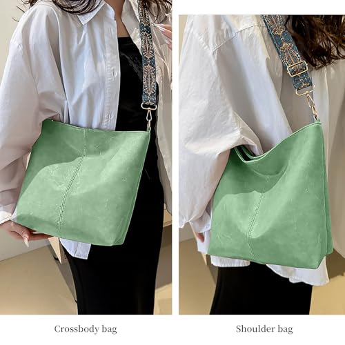 Hobo Bags for Women Crossbody Bag Guitar Strap Purse Vegan Leather Shoulder Handbags Boho Purses Tote Bucket Bag - color: Light Green