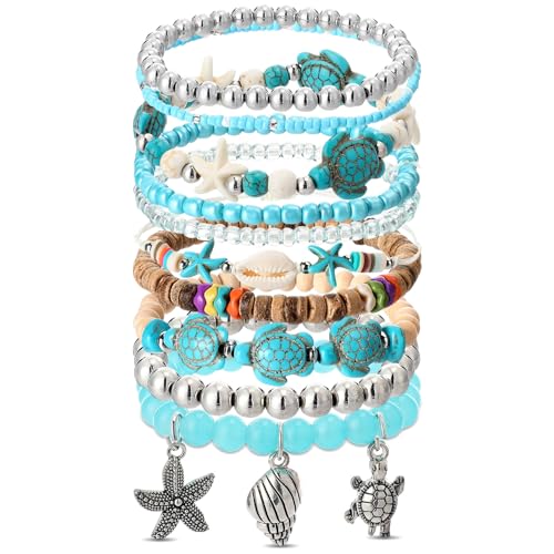 Nosiny 10 Pcs Sea Turtle Bracelet for Women Bahamas Souvenirs Beach Bead Ankle Bracelet Include Starfish Shell Waterproof Handmade Boho Summer Coastal Ocean Jewelry Adjustable Beachy Accessory Gift