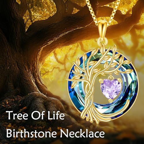 POPLYKE Mothers Day Gifts for Mom Her Wife Tree of Life Necklace 925 Sterling Silver Birthstone Pendant with Crystal Anniversary Birthday Wedding Jewelry for Women - color: 06-Jun-Alexandrite, style: 18K Gold Plated-Blue Crystal