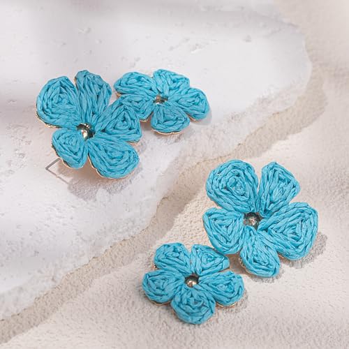 Boho Flower Earrings Statement Raffia Dangle Earrings Cute Floral Jewelry Trendy Summer Beach Vacation Outfits for Women - color: Blue
