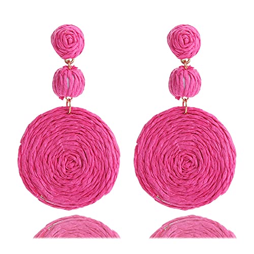 Boho Raffia Ball Earrings for Women, Handmade Statement Drop Earrings Straw Dangle Earrings Beach Vacation Jewelry - color: Hot Pink