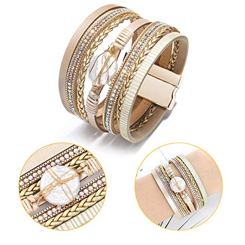 Wowanoo 3Pack Leather Cuff Bracelet Set Multilayer Wrap Bracelet Crystal Feather Tree Bracelet Magnetic Clasp Bracelet for Women - color: Beaded