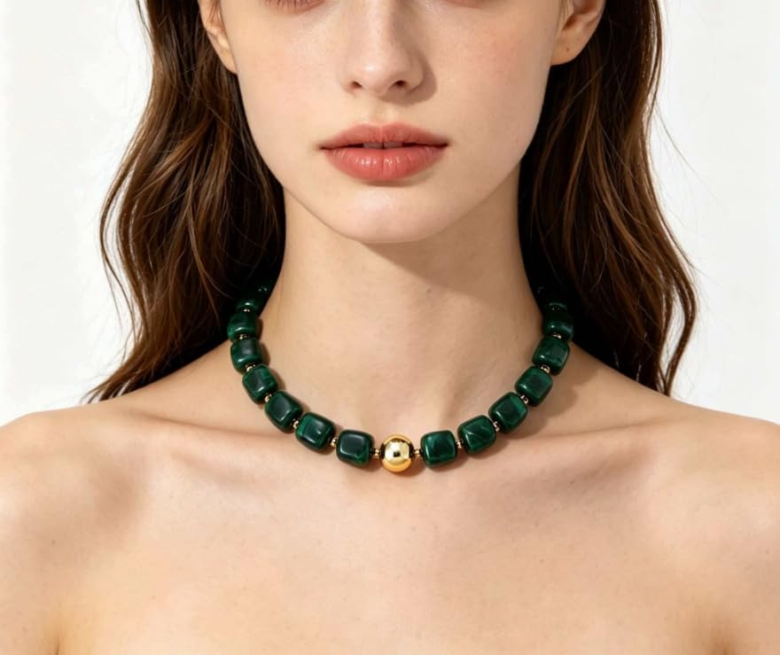 Chunky Beaded Necklace For Women Colorful Boho Beach Rainbow Statement Resin Necklace For Women Jewelry - color: Dark green