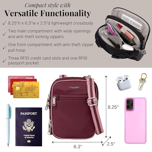 Baggallini Securtex® Anti-theft Mini Everything Crossbody Bag, 6.3"x8.25" Rfid, Locking Zippers & Cut-resistant Strap - color: Jam/Dusty Mauve