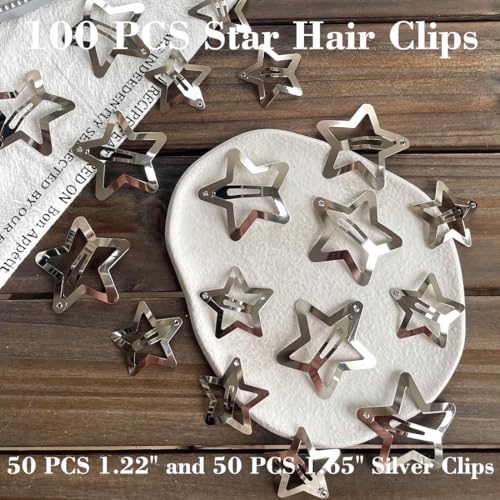 100 PCS Stars Hair Clips,50PCS 1.22"Clip and 50 PCS 1.65"Clips Snap Star Hair Accessories Non Slip Star Clips for Girls Women Y2K Accessories Silver Metal Hair Clips - color: 1.22" 1.65"Silver (100PCS)