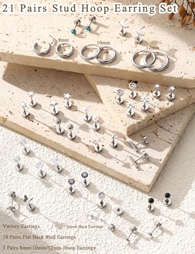 LOLIAS 21Pairs Surgical Steel Flat Back Earrings Hypoallergenic 20G Screw Back Nap Stack Cartilage Earring Stacks - color: Silver