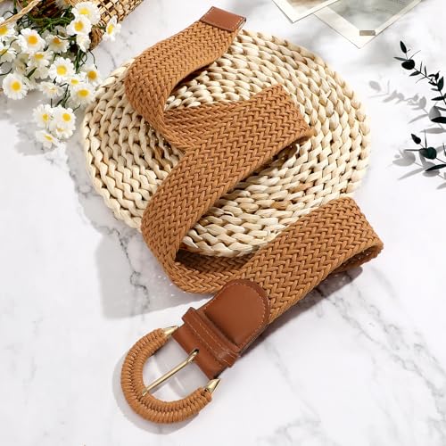 SANSTHS Women Wide Woven Belt for Dresses Fashion Rattan Braided Waist Belt Straw Raffia Boho Belt for Jeans - color: B-brown, size: Fits waist size 50‘’-54"