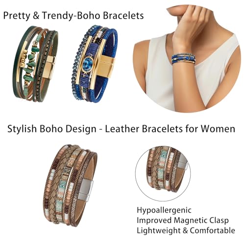 LOWNOUR Boho Bracelets for Women 3pcs Leather Bracelet for Women Western Jewlery Leopard Multi-Layer Crystal Beads Stone Leather Cuff Wrap Bracelets