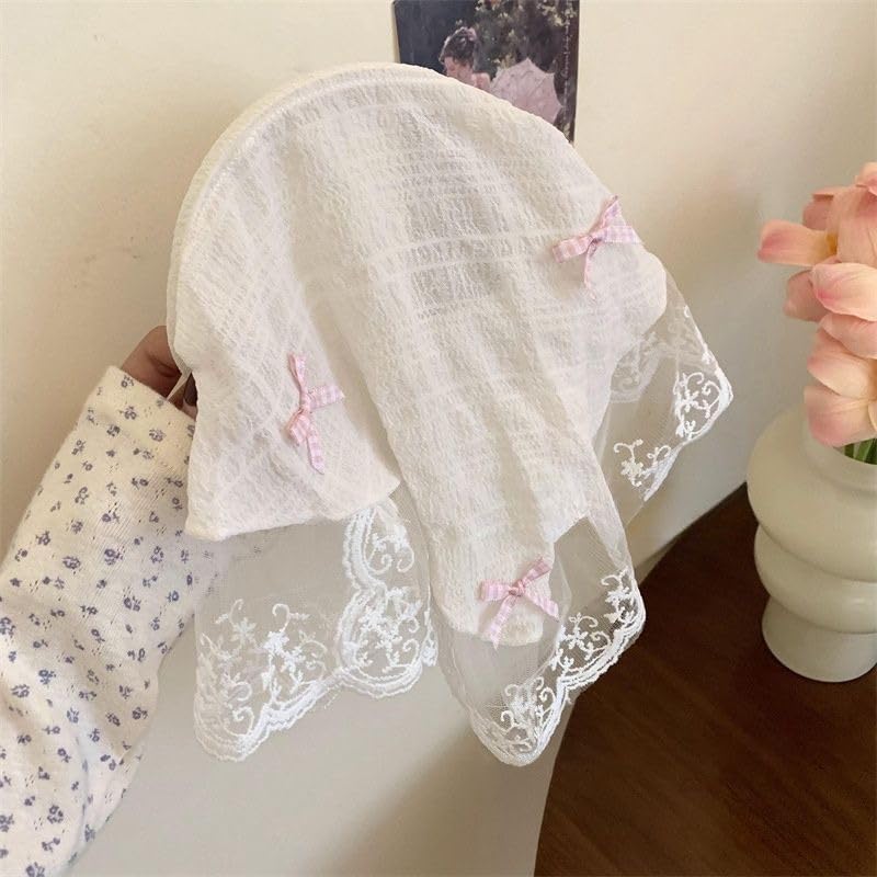 Women's Lace Bandana Headband, Vintage Gingham Triangle Scarf with Bow, French Retro Style for Boho Chic & Casual Outfits (3-White lace, One Size) - color: 3-White lace