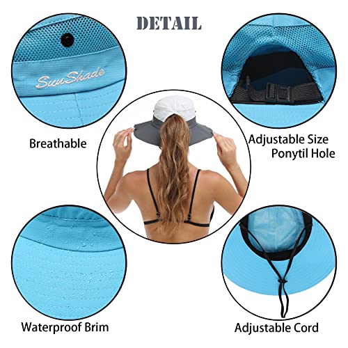 Womens Summer Sun Hat Beach Hat Wide Brim Outdoor UV Protection Hat Foldable Cool Mesh Ponytail Bucket Hat - color: Pure Sky Blue