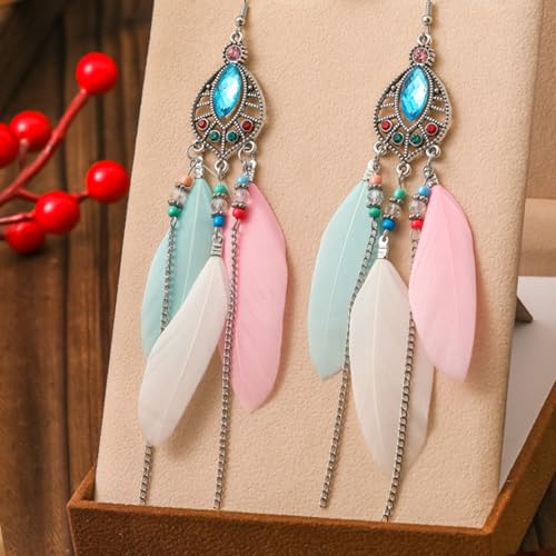 Clip on Tassel Dangle Earrings for Boho Women, Non Pierced, Colorful Feather Handmade Beads Fashion Vintage Fringe Jewelry for Parties Weddings Festivals Trendy Statement Earrings for Bohemian - color: Pink A