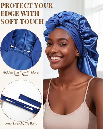 AWAYTR Long Satin Bonnet for Braids - Elastic Silk Hair Bonnets for Sleeping Night Cap Stretchy Tie Band for Women（Royal Blue） - color: Royal Blue
