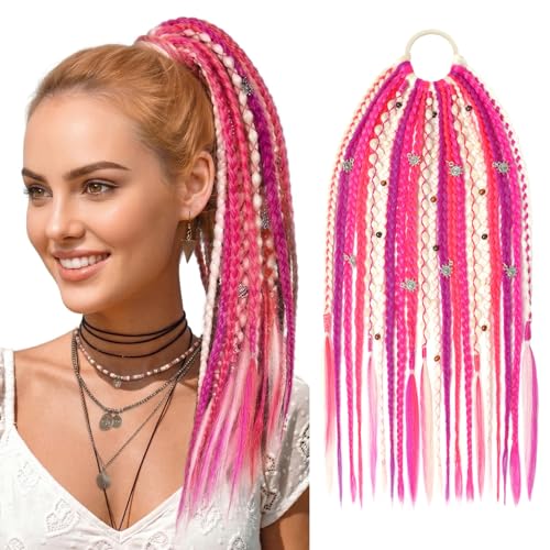 SEIKEA Boho Braided Ponytail Extension on Hair Tie, 16" Full Volume Lightweight Viking Dreadlock Ponytail Braid in Dreadlock Extensions with Beads and Shells, Festival Hair Accessories for Women Girls - color: Neon Pink Festival Blend