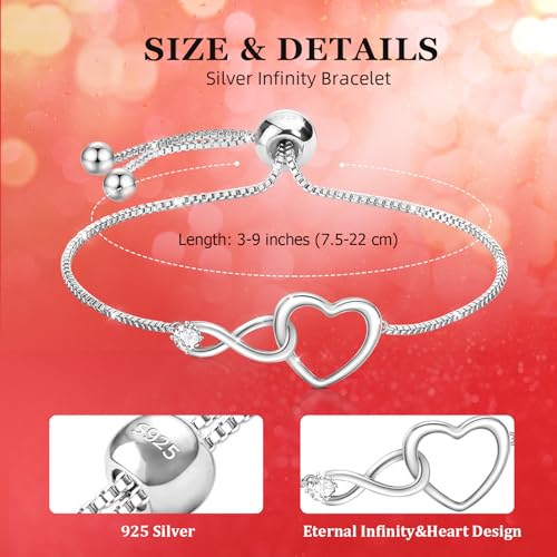 J.Fée Infinity Heart Bracelets for Women with 5A Cubic Zirconia, 925 Silver Bracelets for Women Adjustable Womens Bracelet Jewelry for Wife Girlfriend Her - color: Adjustable-Silver