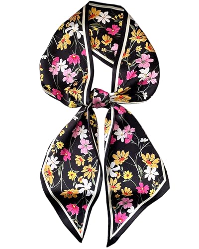 Purse Scarf For Handbags Head Scarves For Women's Hair Bags Scarfs Long Skinny Scarves Fashion Silky - color: A1-black Flower