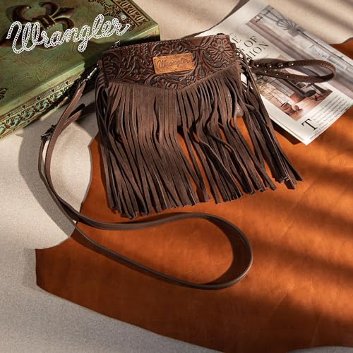 Wrangler Crossbody Small Purse for Women Wristlet Fringe Bag Western Purse - color: Angel Coffee