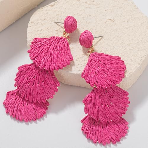 Boho Raffia Earrings Starfish Shell Seashell Dangle Drop Earrings Cute Statemnet Trendy Jewelry Summer Beach Outfits for Women - color: Hot Pink, size: Shell