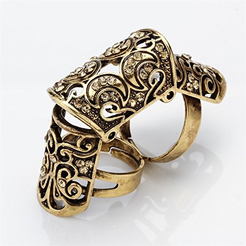 Szxc Jewelry Women's Crystal Double Full Finger Armor Knuckle Ring Adjustable - color: antique gold