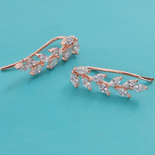 14K Gold or 925 Sterling Silver Plated Ear Crawler Earrings for Women - Crystal Leaf Ear Climber Earrings - Hypoallergenic, Safe for Sensitive Ears - color: 14K Rose Gold Plated