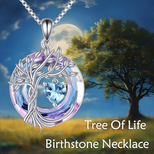 POPLYKE Mothers Day Gifts for Mom Her Wife Tree of Life Necklace 925 Sterling Silver Birthstone Pendant with Crystal Anniversary Birthday Wedding Jewelry for Women - color: 03-Mar-Aquamarine, style: White Gold Plated-Amethyst Crystal