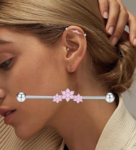 Suotarn 14G Industrial Piercing Jewelry For Women Men Stainless Steel 38 Industrial Barbell Long Cartilage Helix Conch Earrings Stud 14G Gauges Industrial Jewelry Butterfly Heart Cool 7-18pcs - color: pink