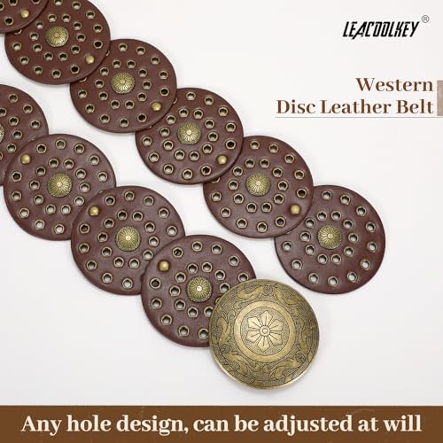 LEACOOLKEY Women's Boho Disc Belt Wide Western Leather Belt Vintage Concho Waist Belts for Dress Jeans - color: A-brown, size: Fits 34"–39" (Waist/Hips), style: Style a