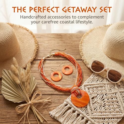 Coiris Multi Strand Statement Colorful Beaded Necklace with Big Circle Shell Pendant for Women - color: Orange