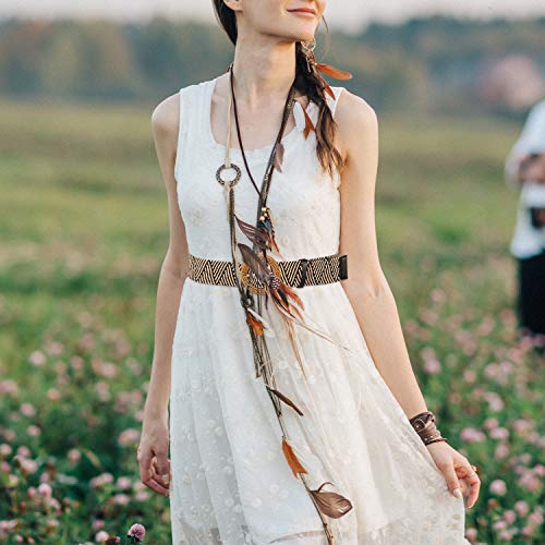 2 Pieces Women Straw Woven Elastic Stretch Waist Belt Skinny Dress Braided Waist Belt with Wooden Style Buckle - color: Black and Stripe Color