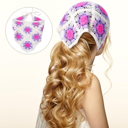 3 Pcs Daisy Crochet Bandana, Cute Bandanas for Women, Flowers Crochet Head Scarf, Floral Head Scarf for Women's hair Styling Decor (Green, Purple, Pink) - color: Green, Purple, Pink-style4