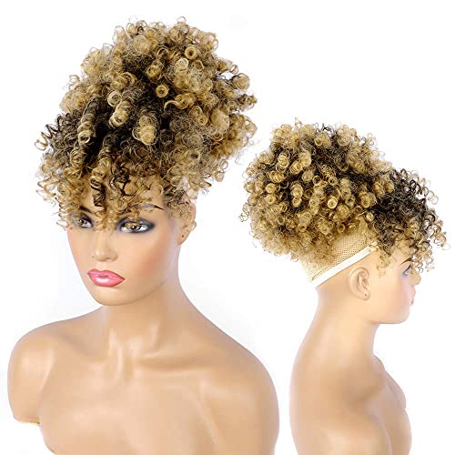 Drawstring Ponytail with Bangs Afro Puff Ponytail Extensions for Women Short Curly Puff Ponytail with Bangs Clip in Wrap Updo Hairpiece for Women (T27) - color: T27