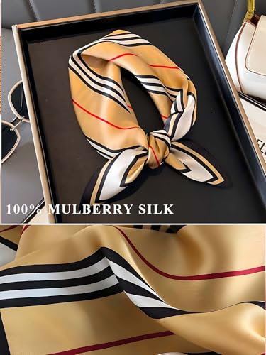 100% Mulberry Silk Scarf for Women Hair Lightweight Square Neckerchief Wrap For Head Scarves 21" - color: 32-khaki Stripes /21"*21"