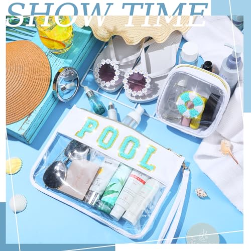 Hillban 2 Pcs Pool Bag Makeup Cosmetic Bag Clear Sunscreen Toiletry Zipper Pouch Beach Travel Summer Stuff Preppy Chenille Letter Patch Pouch PVC Waterproof Organizer Storage Mini Purse for Women - style: Pool Theme
